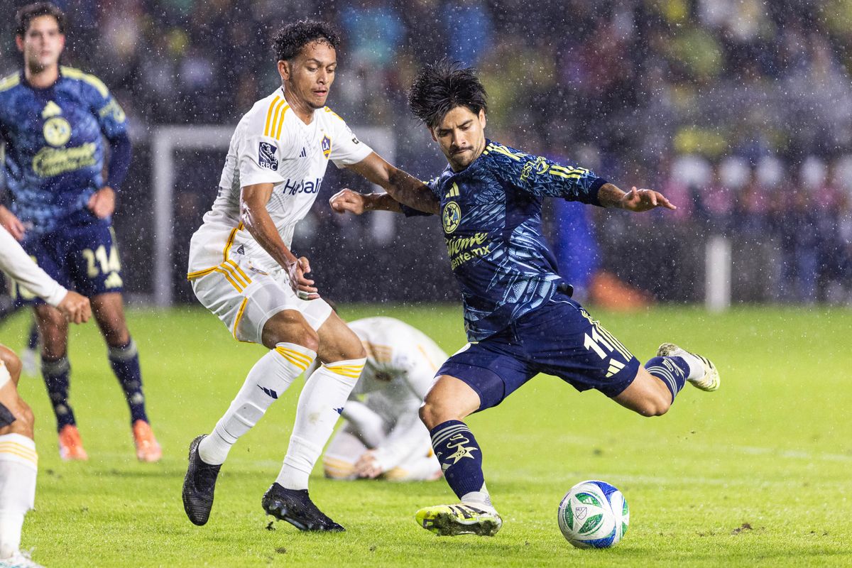 Club America Forward Victor Davila (11) shoots the ball during a friendly match against LA Galaxy at Dignity Health Sports Park on November 15, 2025 in Carson, California.