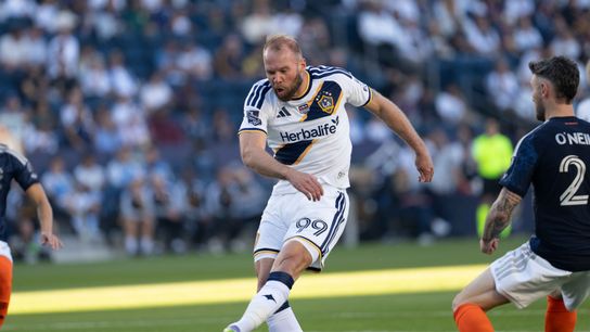 Los Angeles Galaxy forward Joao Klauss (99)  scores a goal during an MLS game, Sunday February 22nd, 2026 in Carson, Calif