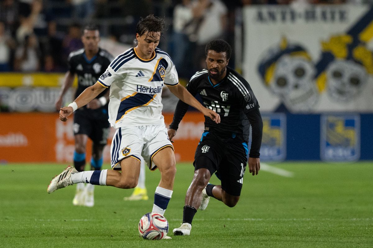 LA Galaxy defender Julián Aude (9) battles for control of the ball during an MLS game between LA Galaxy and Charlotte FC on Saturday, February 28, 2026 at Dignity Health Sports Park in Carson, Calif.