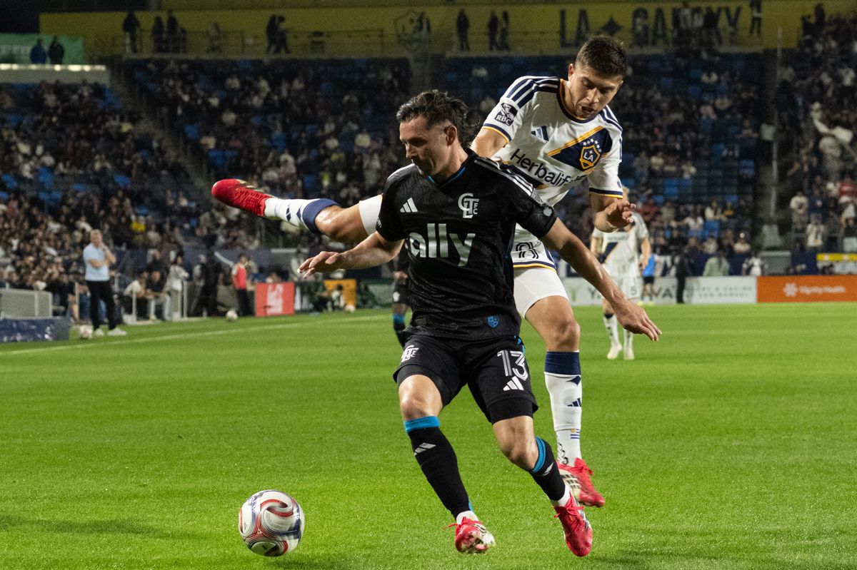Charlotte FC forward Idan Toklomati (9) battles for control of the ball during an MLS game between LA Galaxy and Charlotte FC on Saturday, February 28, 2026 at Dignity Health Sports Park in Carson, Calif.