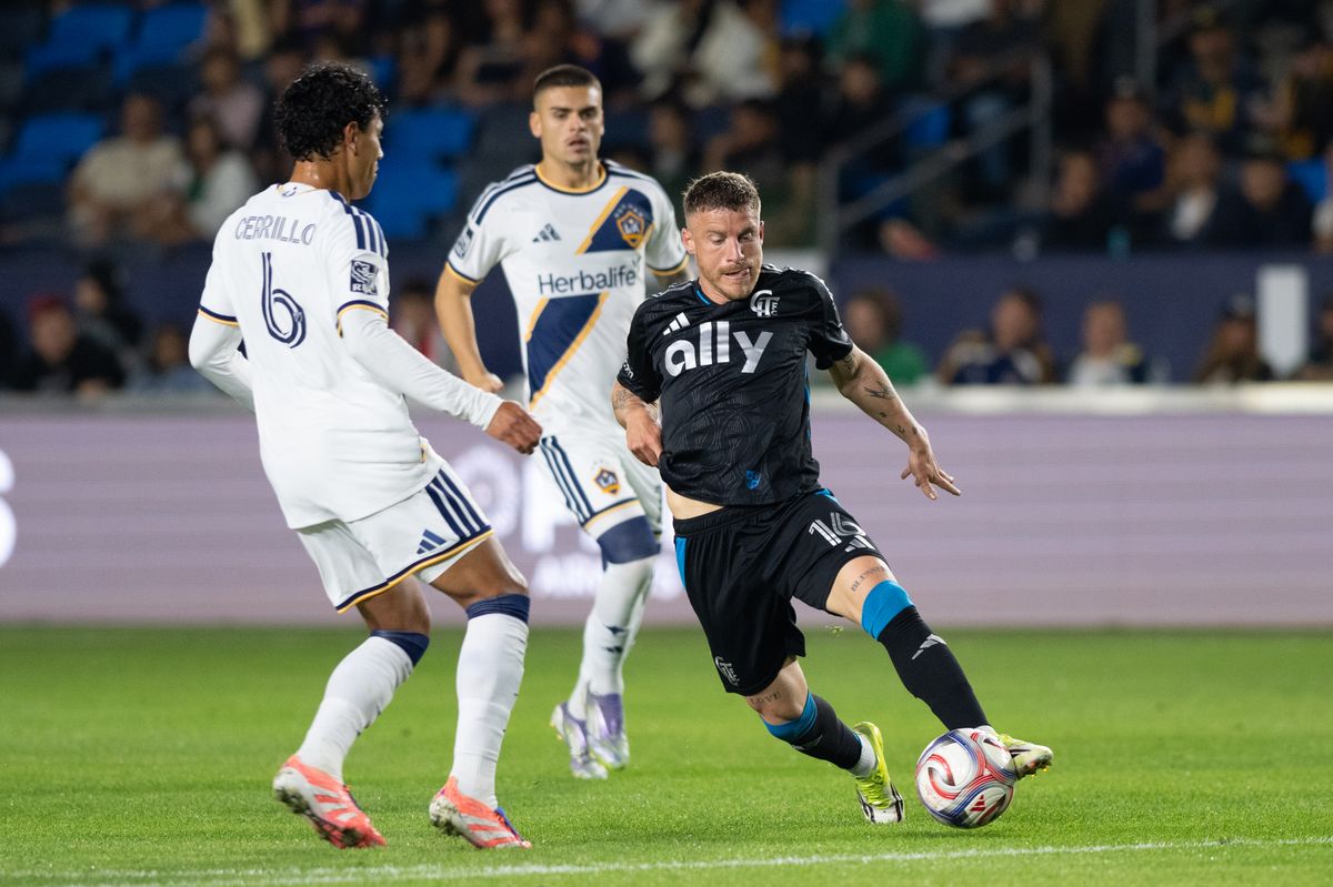 Charlotte FC midfielder Pep Biel (16) battles for control of the ball during an MLS game between LA Galaxy and Charlotte FC on Saturday, February 28, 2026 at Dignity Health Sports Park in Carson, Calif.