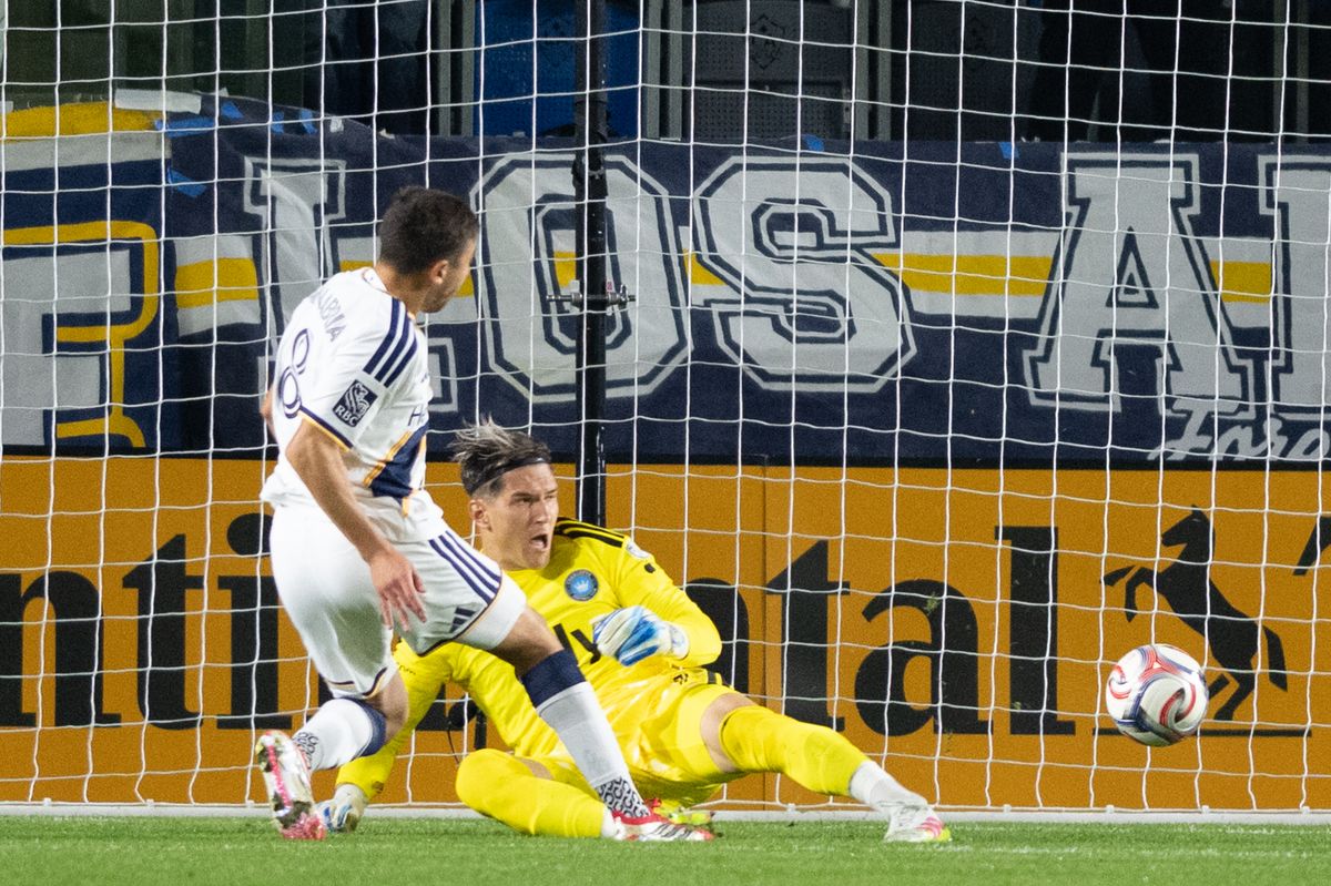 LA Galaxy midfielder Lucas Sanabria (8) scores a goal during an MLS game between LA Galaxy and Charlotte FC on Saturday, February 28, 2026 at Dignity Health Sports Park in Carson, Calif.