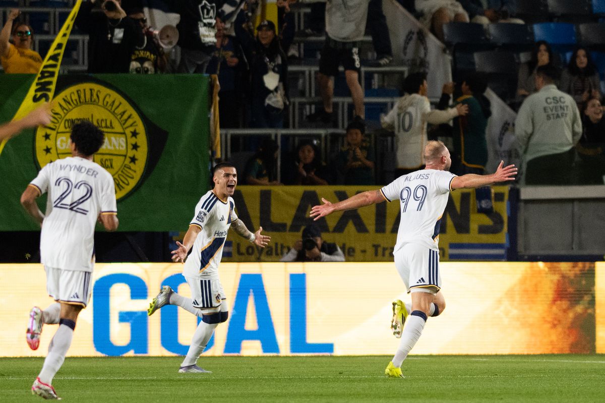 LA Galaxy forward João Klauss (99) celebrates after scoring a goal during an MLS game between LA Galaxy and Charlotte FC on Saturday, February 28, 2026 at Dignity Health Sports Park in Carson, Calif.