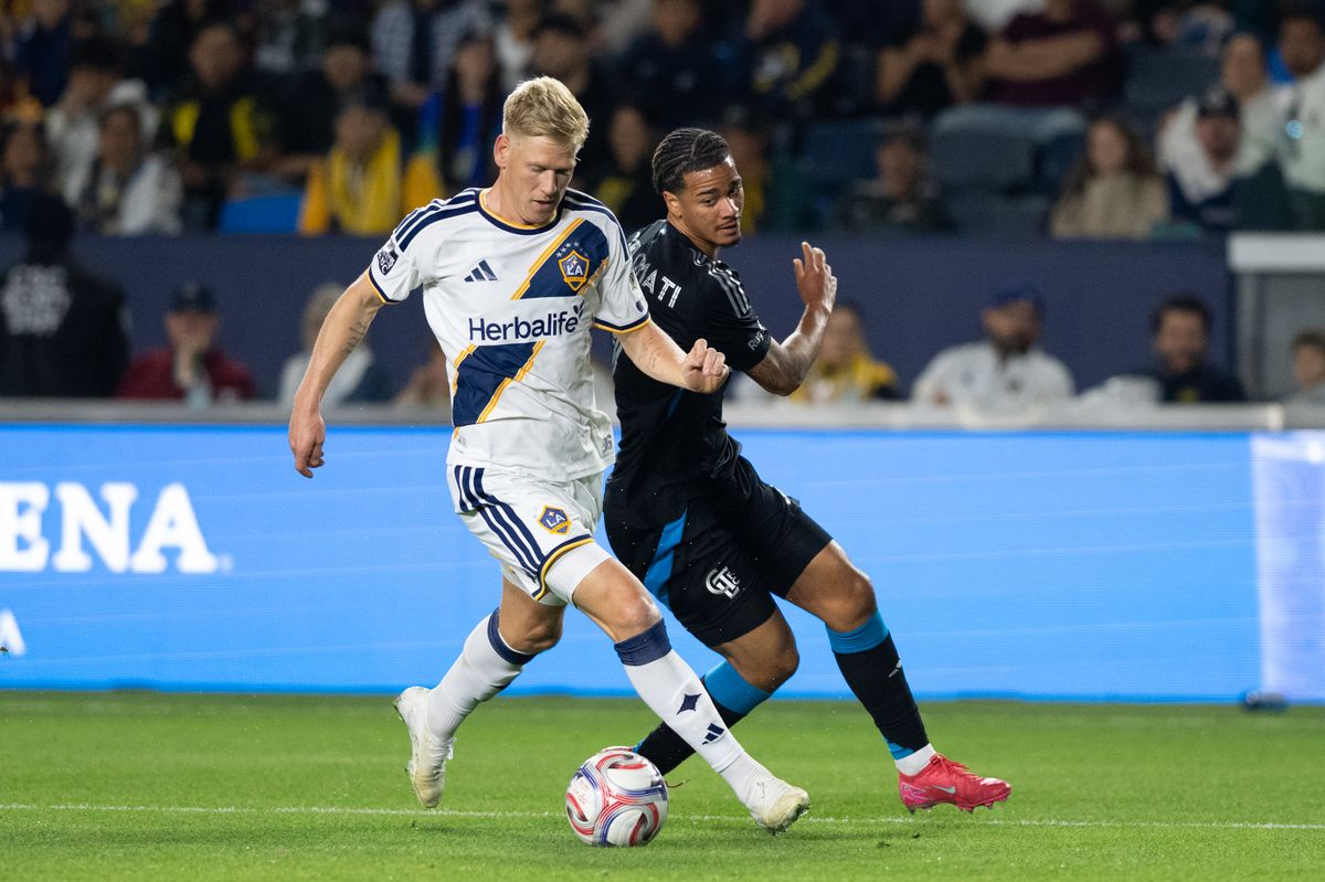 LA Galaxy defender Jakob Glesnes (5) steals control of the ball during an MLS game between LA Galaxy and Charlotte FC on Saturday, February 28, 2026 at Dignity Health Sports Park in Carson, Calif.