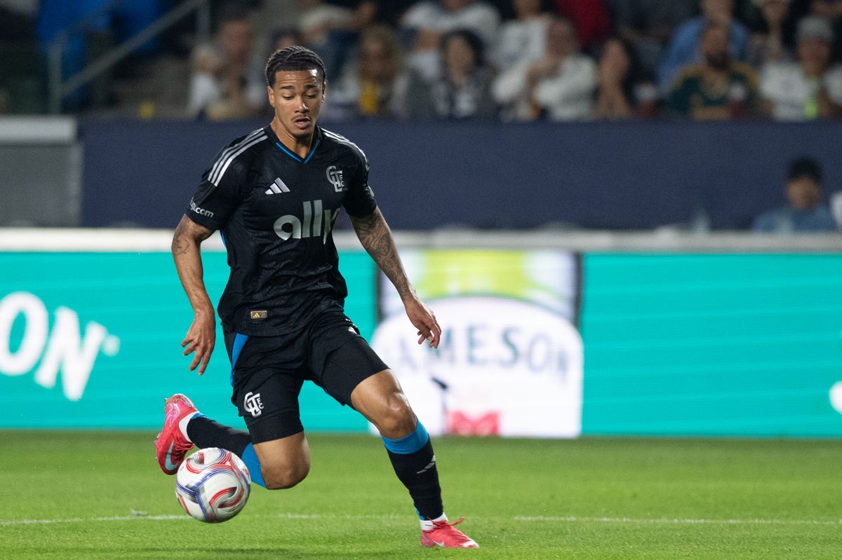 Charlotte FC forward Idan Toklomati (9) pushes the ball forward during an MLS game between LA Galaxy and Charlotte FC on Saturday, February 28, 2026 at Dignity Health Sports Park in Carson, Calif.