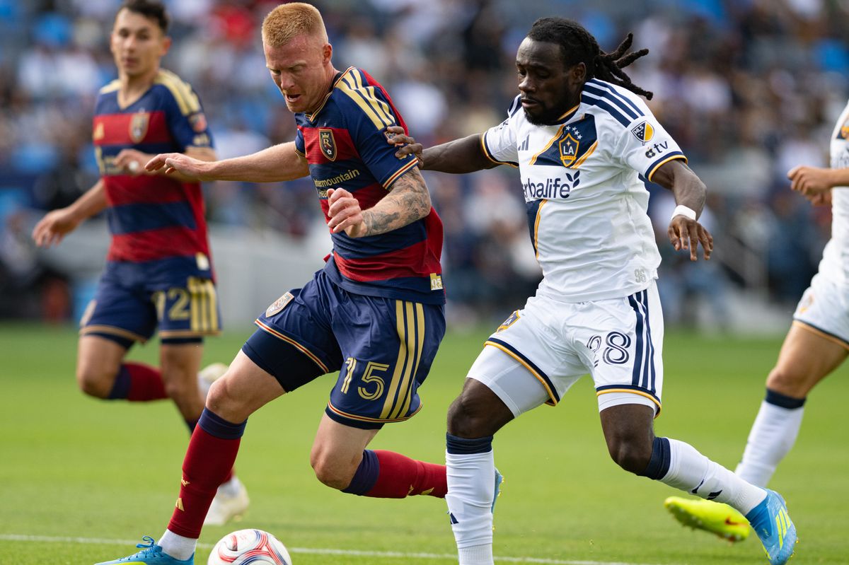 LA Galaxy forward Joseph Paintsil (28) battles for control of the ball during a match between Real Salt Lake and LA Galaxy on Sunday, April 26, at Dignity Health Sports Park in Carson California