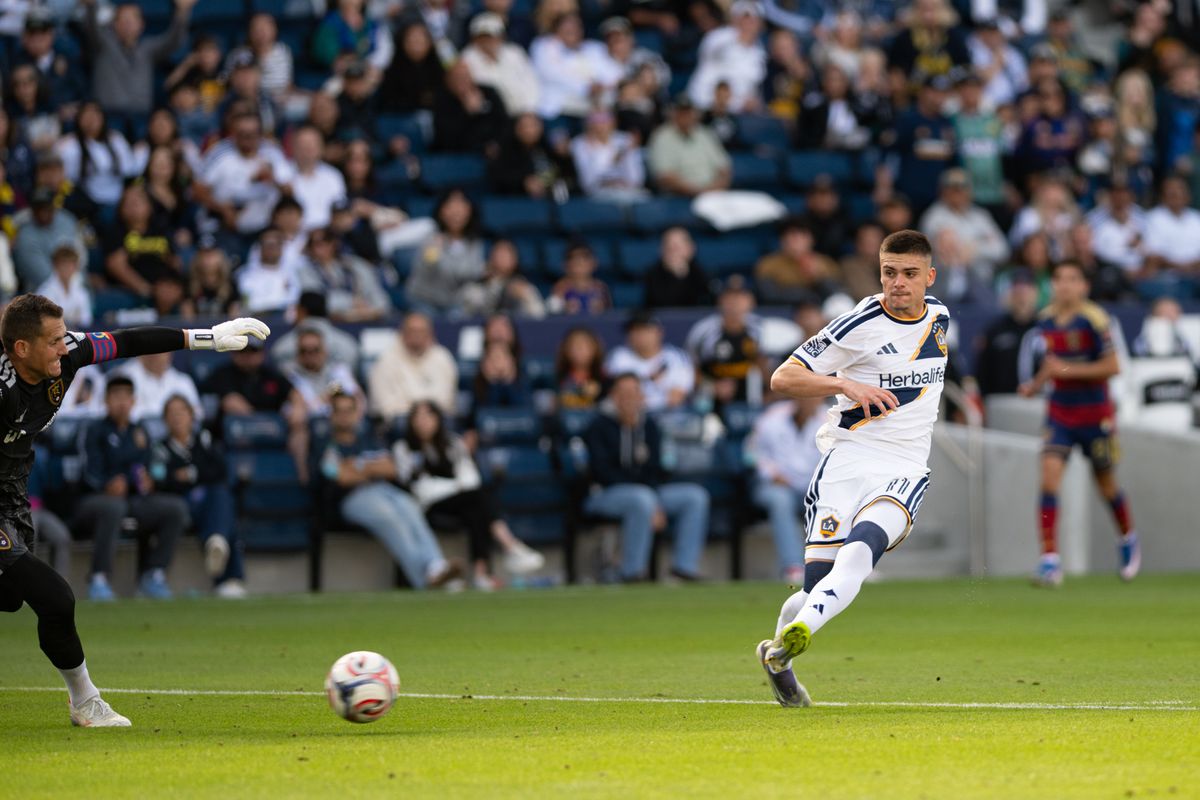 LA Galaxy forward Gabriel Pec (11) kicks the ball towards the goal during a match between Real Salt Lake and LA Galaxy on Sunday, April 26, at Dignity Health Sports Park in Carson California