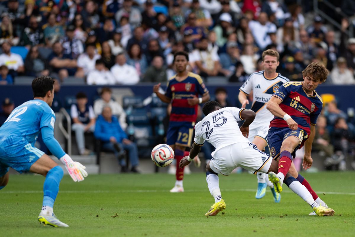 Real Salt Lake forward Sergi Solans' (22) attempt at goal is blocked by LA Galaxy defender Carlos Garcés (25) during a match between Real Salt Lake and LA Galaxy on Sunday, April 26, at Dignity Health Sports Park in Carson California