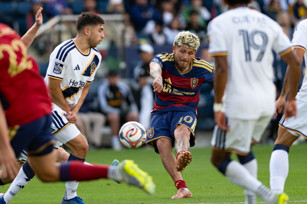 Real Salt Lake midfielder Diego Luna (10) makes an attempt at goal during a match between Real Salt Lake and LA Galaxy on Sunday, April 26, at Dignity Health Sports Park in Carson California