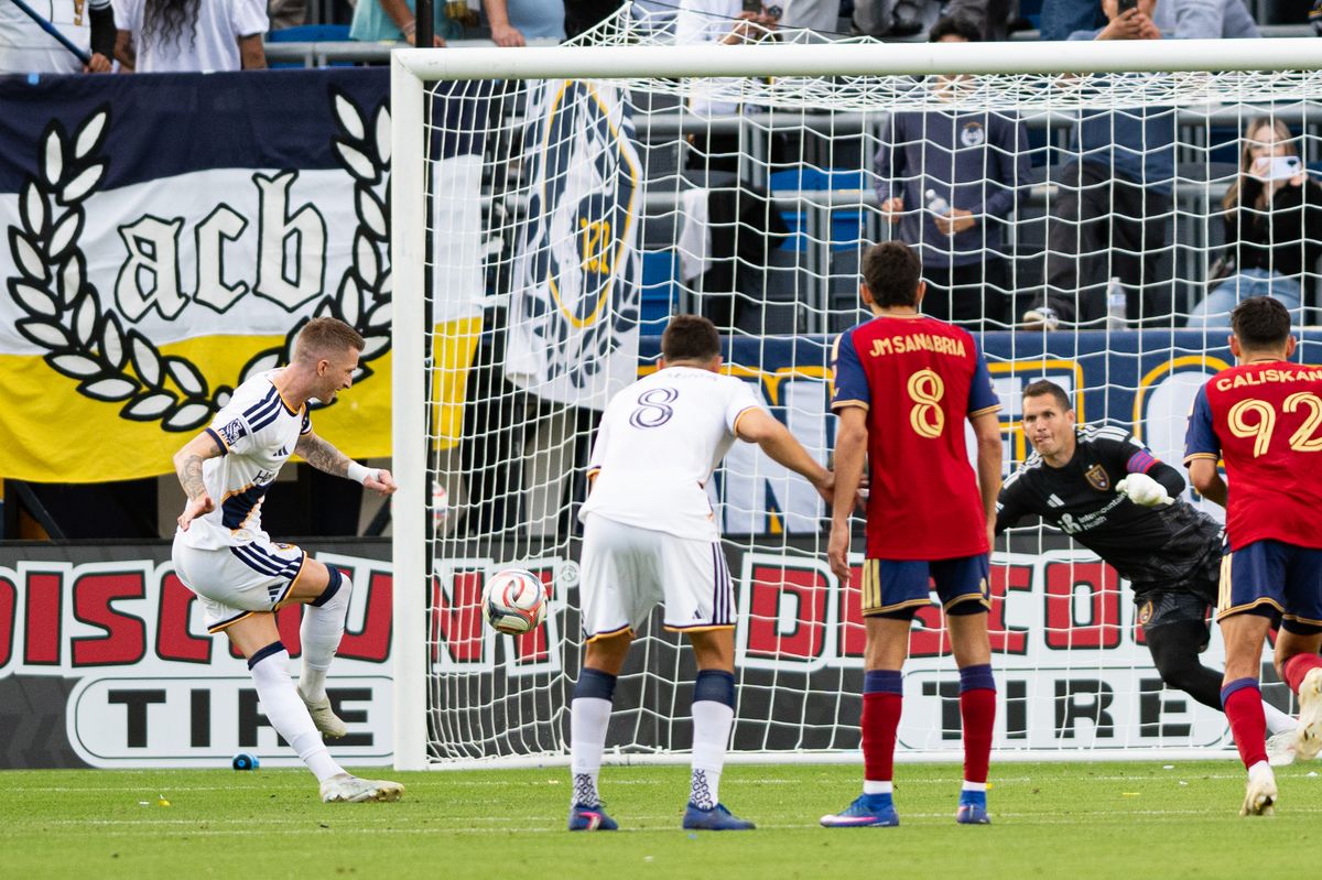 LA Galaxy midfielder Marco Reus (18) scores a penalty kick during a match between Real Salt Lake and LA Galaxy on Sunday, April 26, at Dignity Health Sports Park in Carson California