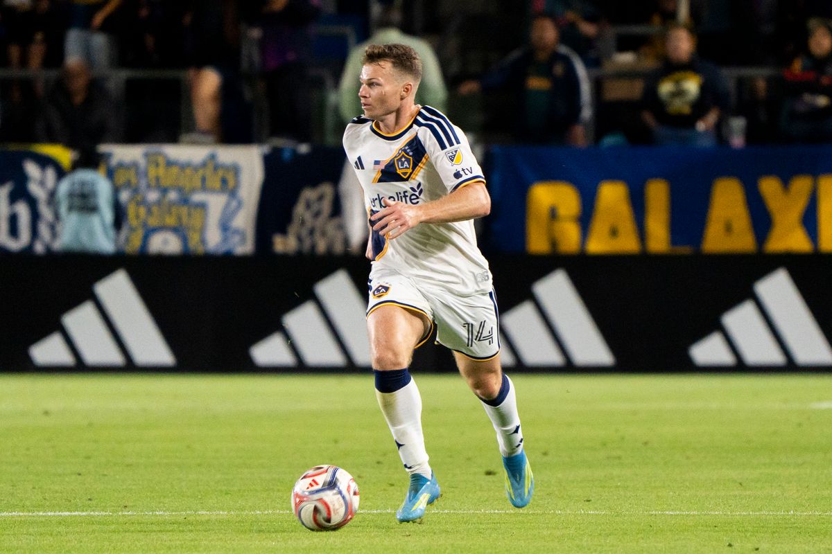 Los Angeles Galaxy defender John Nelson (14) pushes the pace during an MLS soccer game against the Houston Dynamo FC, Saturday May 23rd, 2026 in Carson, California. Los Angeles Galaxy defender John Nelson (14) pushes the pace during an MLS soccer game against the Houston Dynamo FC, Saturday May 23rd, 2026 in Carson, California.