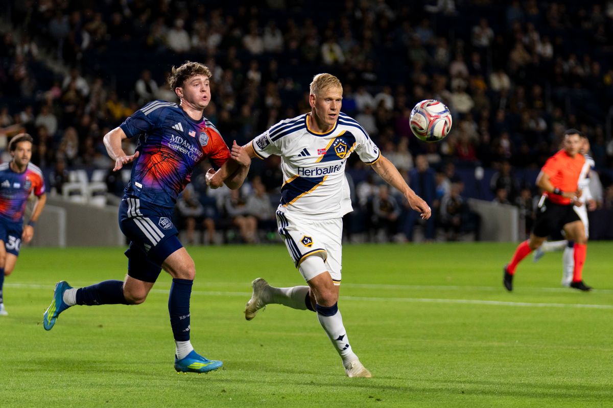 Los Angeles Galaxy defender Jakob Glesnes (5) fights for position during an MLS soccer game against the Houston Dynamo FC, Saturday May 23rd, 2026 in Carson, California. Los Angeles Galaxy defender Jakob Glesnes (5) fights for position during an MLS soccer game against the Houston Dynamo FC, Saturday May 23rd, 2026 in Carson, California.