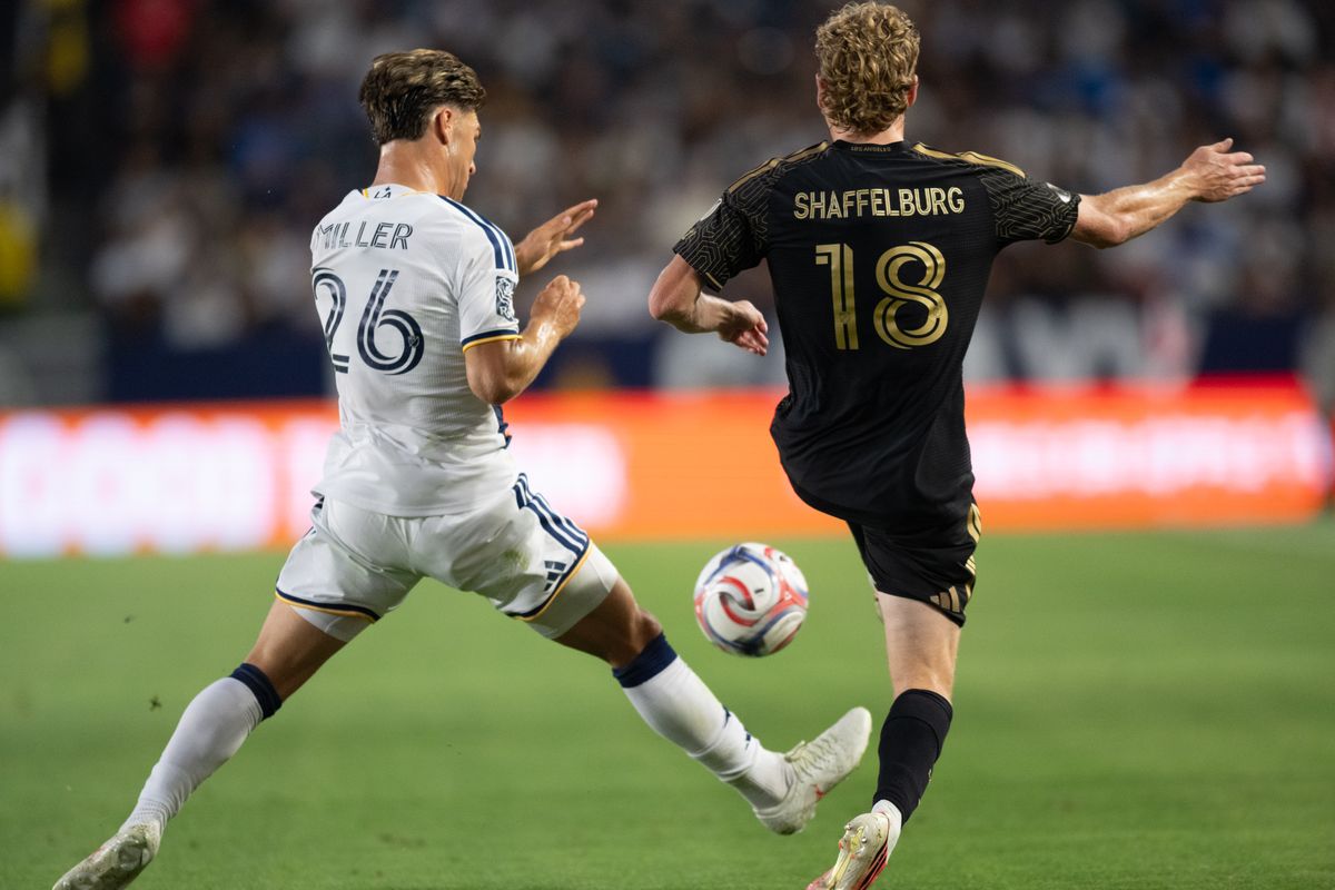 LAFC forward Jacob Shaffelburg (18) battles for possession agains LA Galaxy defender Harbor Miller (26) during an MLS match between LAFC and LA Galaxy on Friday, July 17, 2026 at Dignity Health Sports Park in Carson, Calif LAFC forward Jacob Shaffelburg (18) battles for possession agains LA Galaxy defender Harbor Miller (26) during an MLS match between LAFC and LA Galaxy on Friday, July 17, 2026 at Dignity Health Sports Park in Carson, Calif