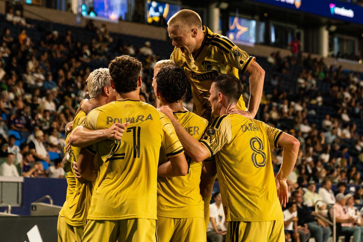 St. Louis City SC celebrates a goal during an MLS game, against the LA Galaxy on Wednesday July 22nd, 2026 in Carson, Calif
