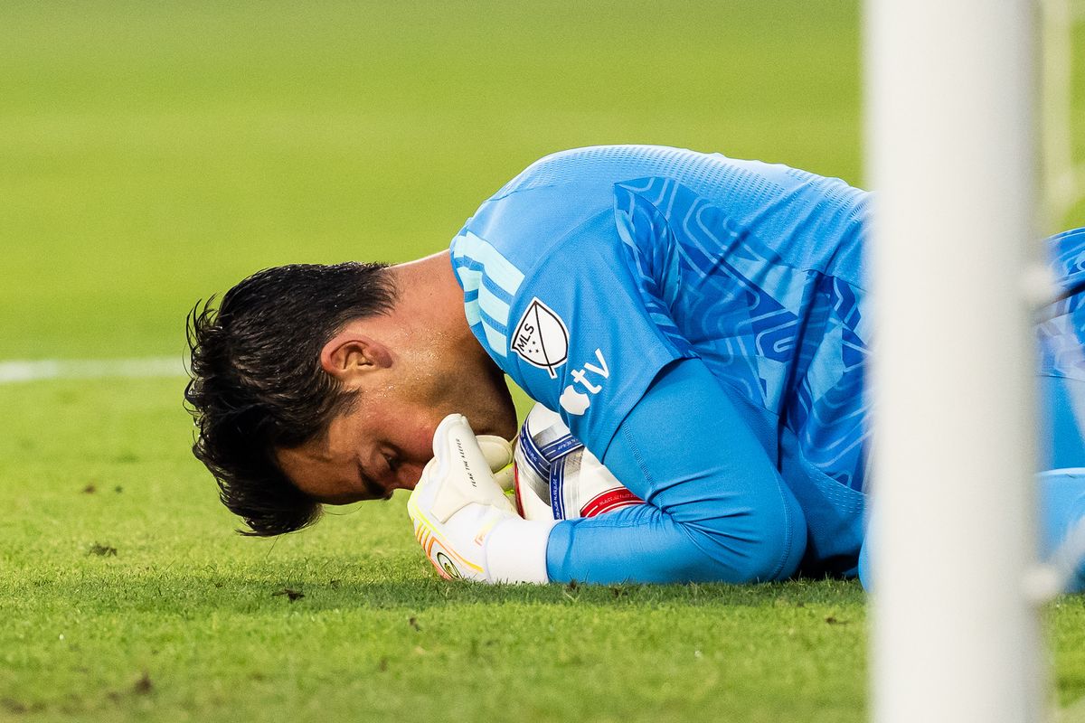 Los Angeles Galaxy goalkeeper JT Marcinkowski (12) makes a save during an MLS game, against St. Louis City SC on Wednesday July 22nd, 2026 in Carson, Calif