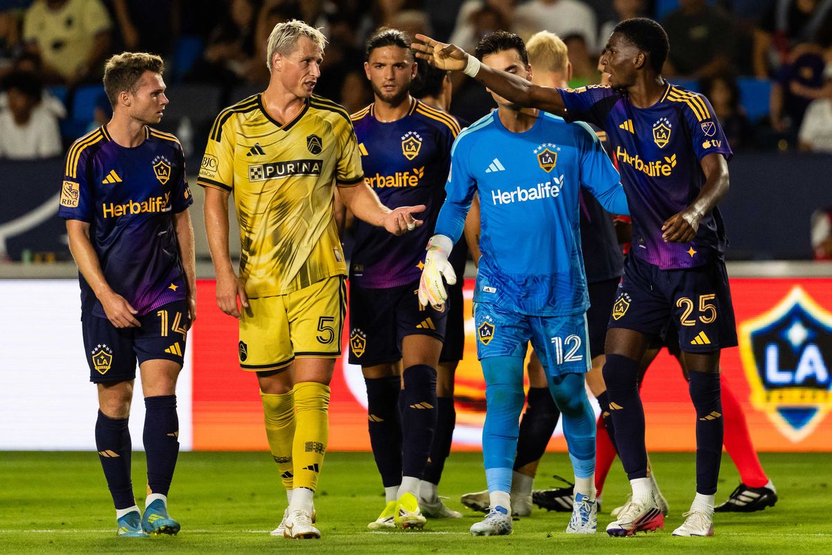 Los Angeles Galaxy defender Emiro Garces (25) argues with the other team during an MLS game, against St. Louis City SC on Wednesday July 22nd, 2026 in Carson, Calif