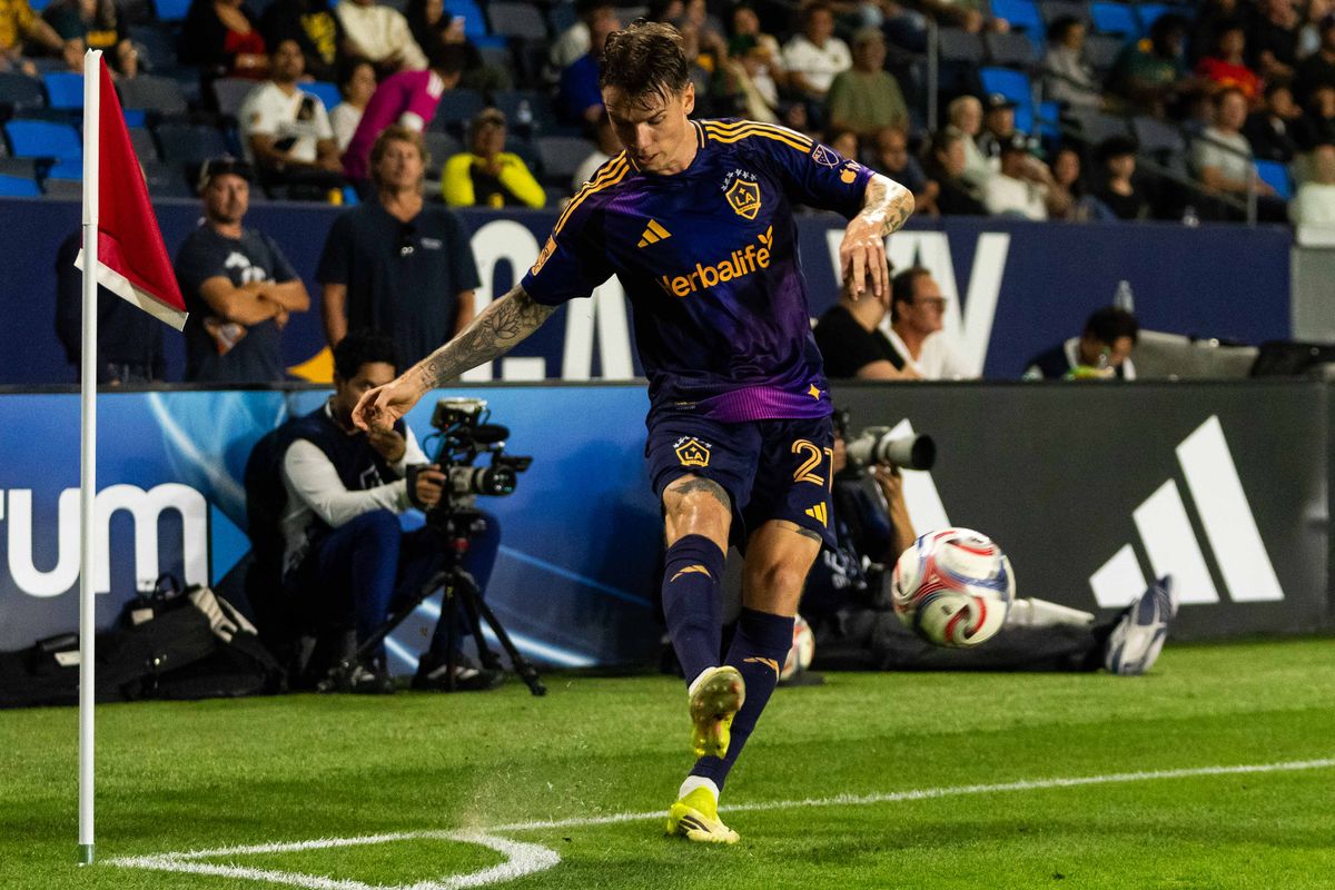 Los Angeles Galaxy forward Robert Taylor (21) takes a corner kick during an MLS game, against St. Louis City SC on Wednesday July 22nd, 2026 in Carson, Calif