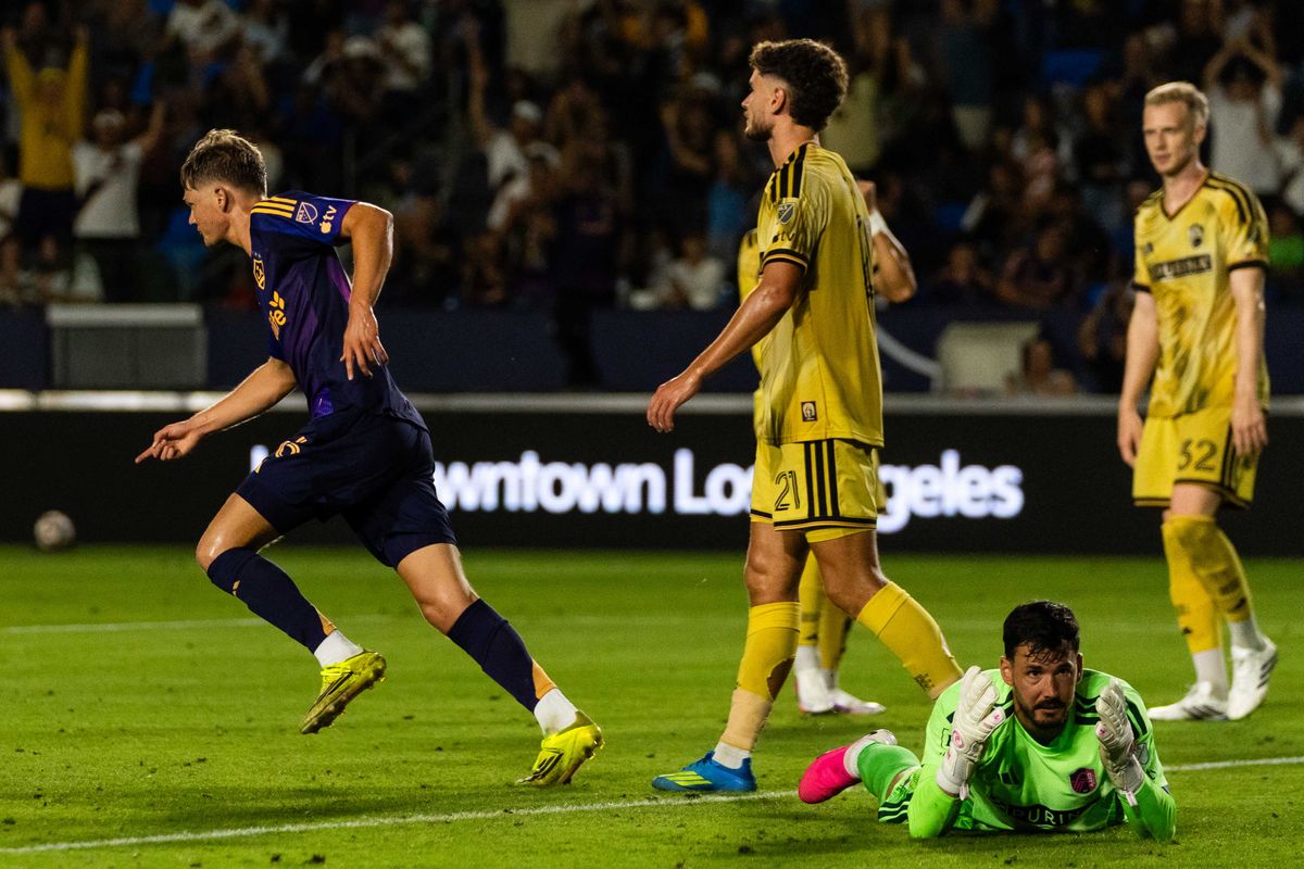 Los Angeles Galaxy midfielder Troy Egelrsma (76) celebrates a goal during an MLS game, against St. Louis City SC on Wednesday July 22nd, 2026 in Carson, Calif