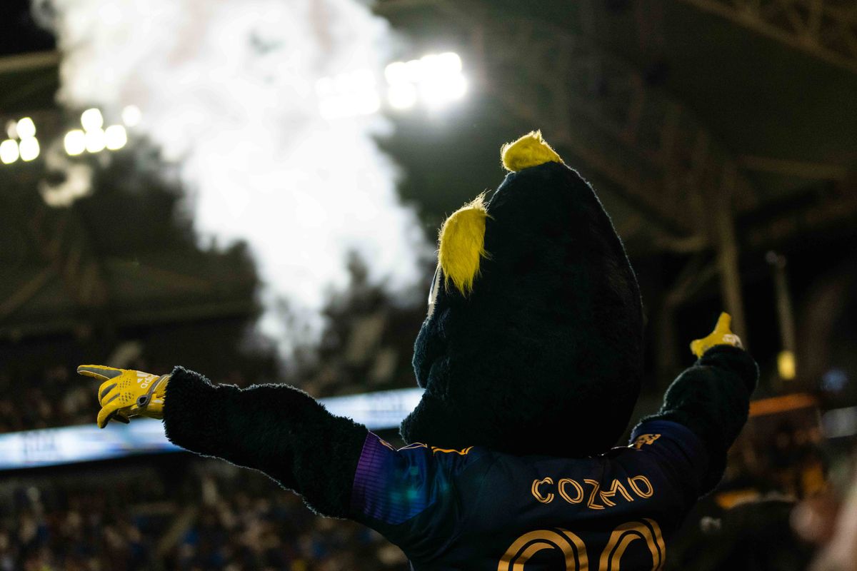 Los Angeles Galaxy mascot Cozmo celebrates a goal during an MLS game, against St. Louis City SC on Wednesday July 22nd, 2026 in Carson, Calif