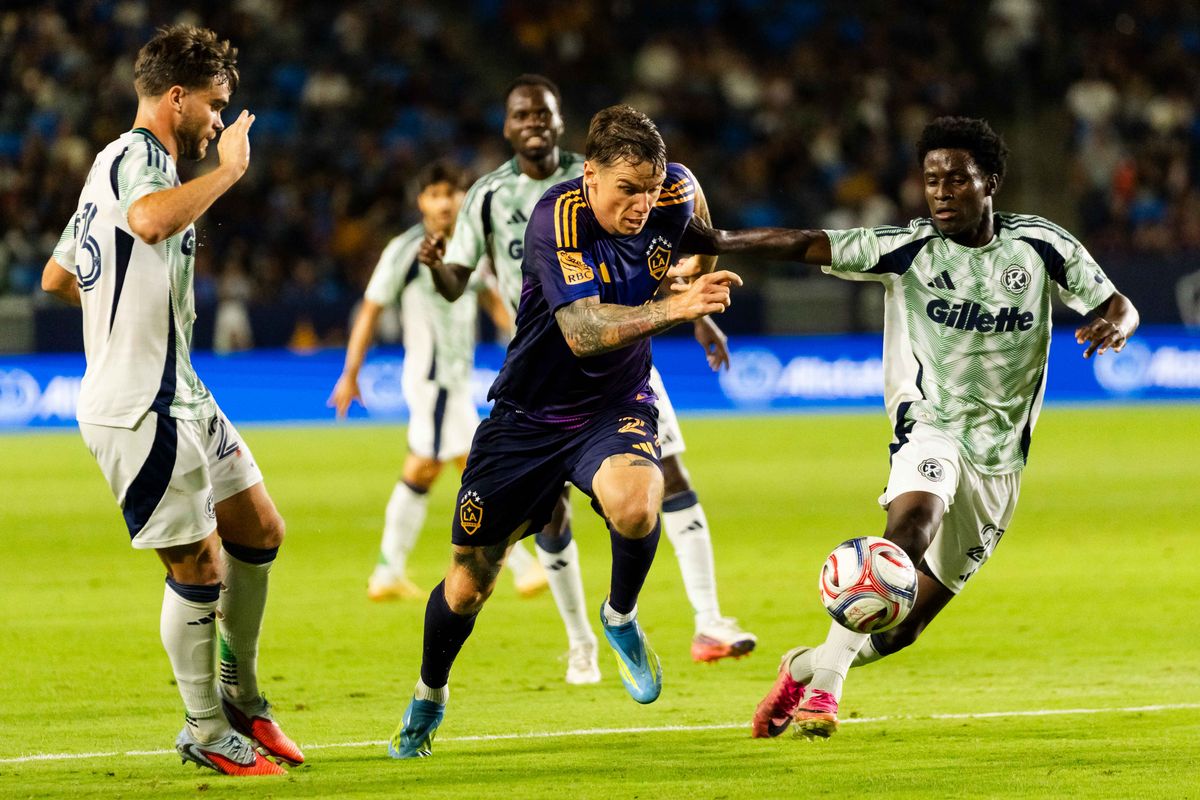 Los Angeles Galaxy forward Robert Taylor (21) fights for possession during an MLS game, against the New England Revolution on Saturday September 5th, 2026 in Carson, Calif
