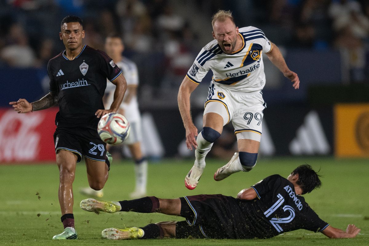 LA Galaxy forward João Klauss (99) gets a hard tackle during an MLS soccer game against the Colorado Rapids, Saturday September 26, 2026 in Carson, Calif. LA Galaxy forward João Klauss (99) gets a hard tackle during an MLS soccer game against the Colorado Rapids, Saturday September 26, 2026 in Carson, Calif.