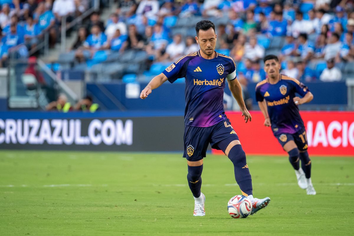 LA Galaxy defender Maya Yoshida passes the ball back during a friendly soccer game against Cruz Azul, Sunday, October 4, 2026 in Carson, California.