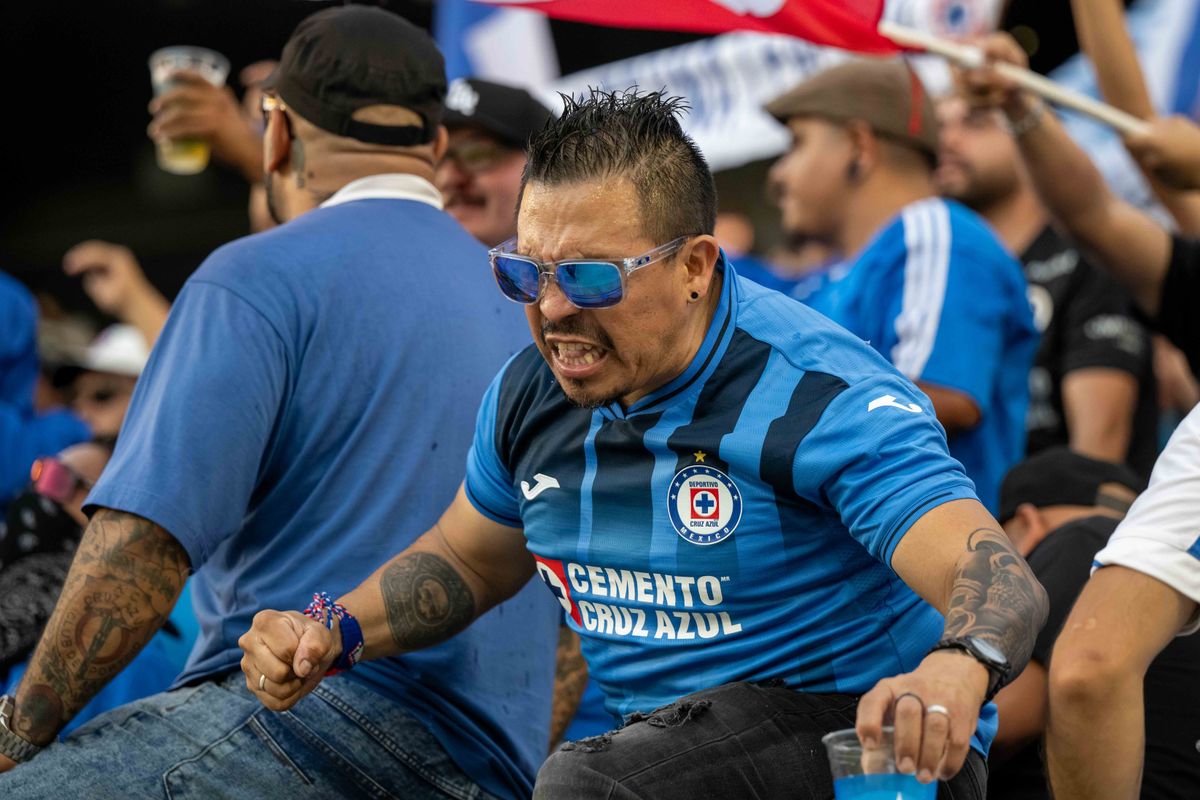 Cruz Azul fan celebrates a goal during a friendly against LA Galaxy, Sunday, October 4, 2026 in Carson, California.