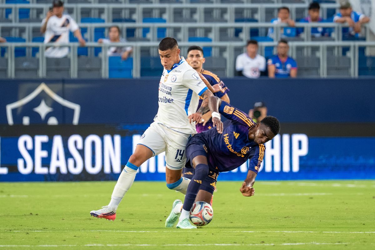 LA Galaxy defender Carlos Garcés fights for the ball against Cruz Azul forward Juan José Calero during a friendly soccer game, Sunday, October 4, 2026 in Carson, California.