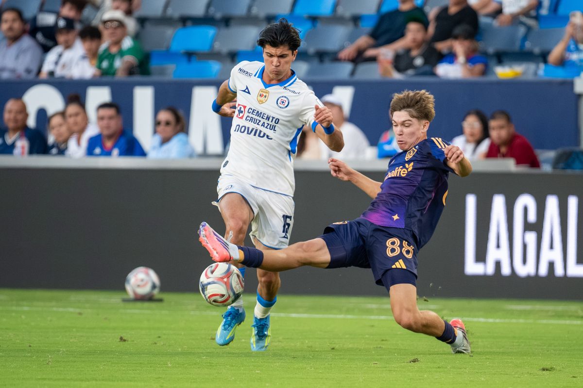 LA Galaxy midfielder Mason Vanney slides for the ball during a friendly soccer game against Cruz Azul, Sunday, October 4, 2026 in Carson, California.