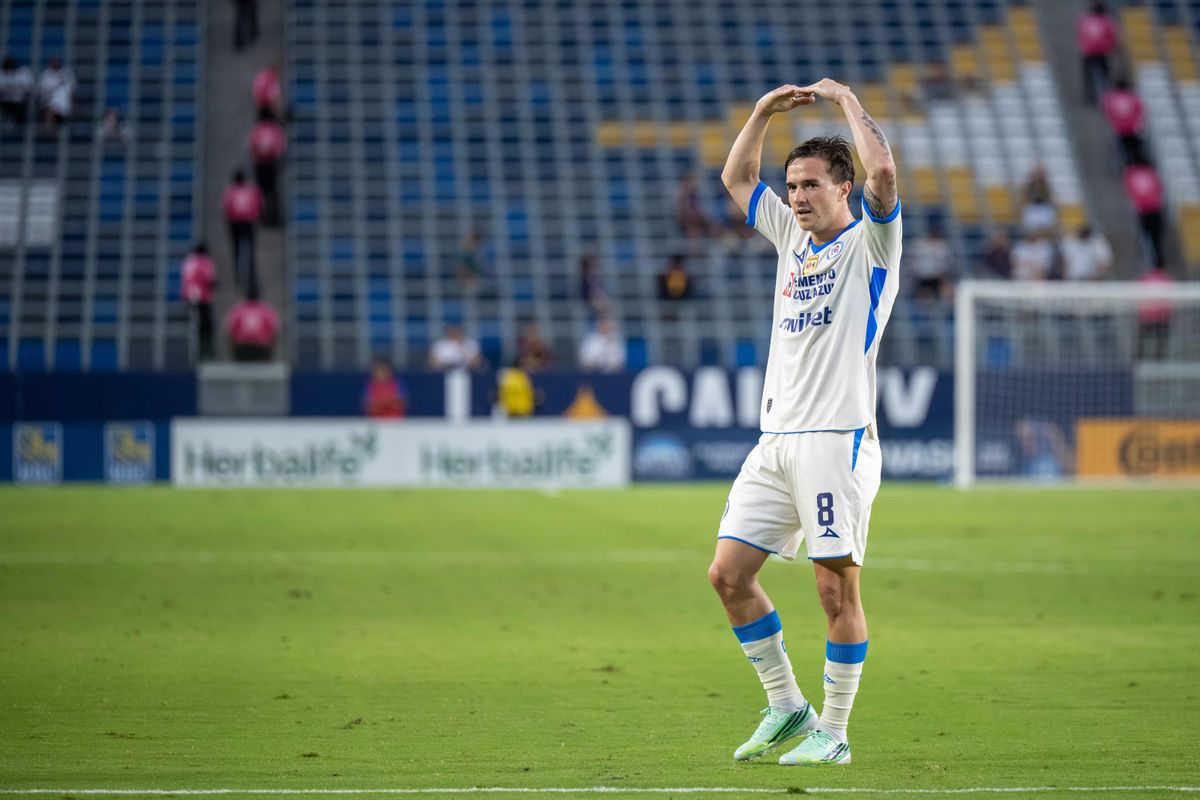 Cruz Azul midfielder Agustín Palavecino celebrates his goal during a friendly soccer game against LA Galaxy, Sunday, October 4, 2026 in Carson, California.