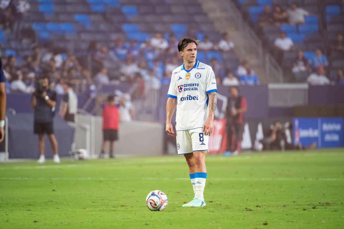 Cruz Azul midfielder Agustín Palavecino sets up a free kick during a friendly soccer game against LA Galaxy, Sunday, October 4, 2026 in Carson, California.