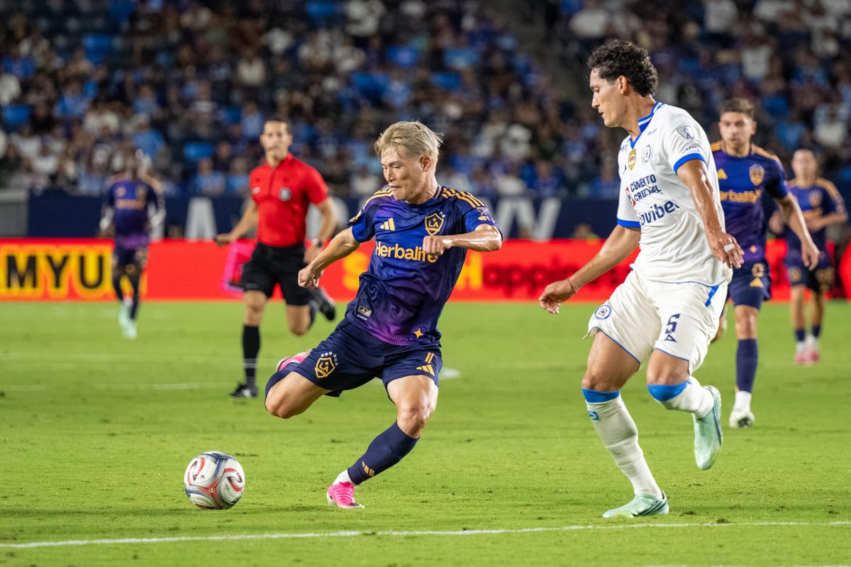 LA Galaxy forward Kyogo Furuhashi shoots the ball during a friendly soccer game against Cruz Azul, Sunday, October 4, 2026 in Carson, California.