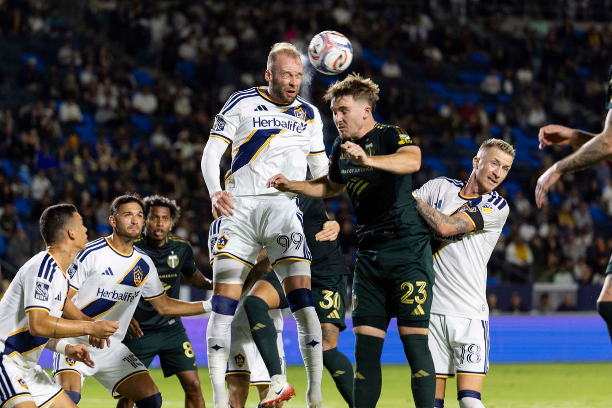 Los Angeles Galaxy forward Joao Klauss (99) with a header during a MLS soccer game against Portland Timbers, Wednesday October 14, 2026 in Carson, California. Los Angeles Galaxy forward Joao Klauss (99) with a header during a MLS soccer game against Portland Timbers, Wednesday October 14, 2026 in Carson, California.