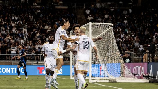 LA Galaxy players celebrate Marco Reus' (18) tying goal in the Galaxy's 1-1 draw against the San Jose Earthquakes in the 104th edition of the Cali Clásico on Saturday, June 29, 2025.