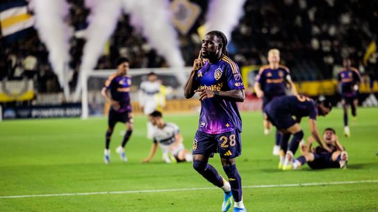 LA Galaxy Winger Joseph Paintsil celebrates after scoring the opening goal of the night during the Galaxy's 1-1 draw against the Vancouver Whitecaps on Saturday, May 2, 2026, at Dignity Health Sports Park.