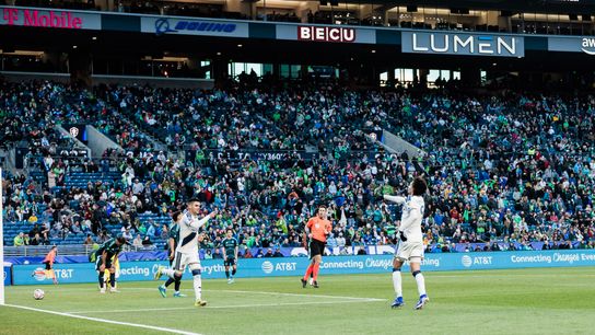 Goal scorers Gabriel Pec and Matheus Nascimento celebrate together during the LA Galaxy's 2-0 away win over the Seattle Sounders at Lumen Field on Saturday, May 16, 2026.