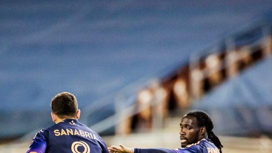 LA Galaxy goal scorers Lucas Sanabria and Joseph Paintsil congratulate each other during the LA Galaxy's 2-2 come-from-behind draw against FC Dallas on Saturday, April 18, 2026 in Frisco, Texas.