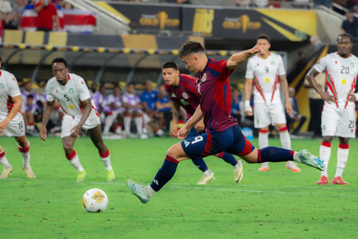 Costa Rica's Manfred Ugalde #9 making a goal attempt in a Gold Cup Match against Suriname on June 15, 2025 in San Diego, CA.