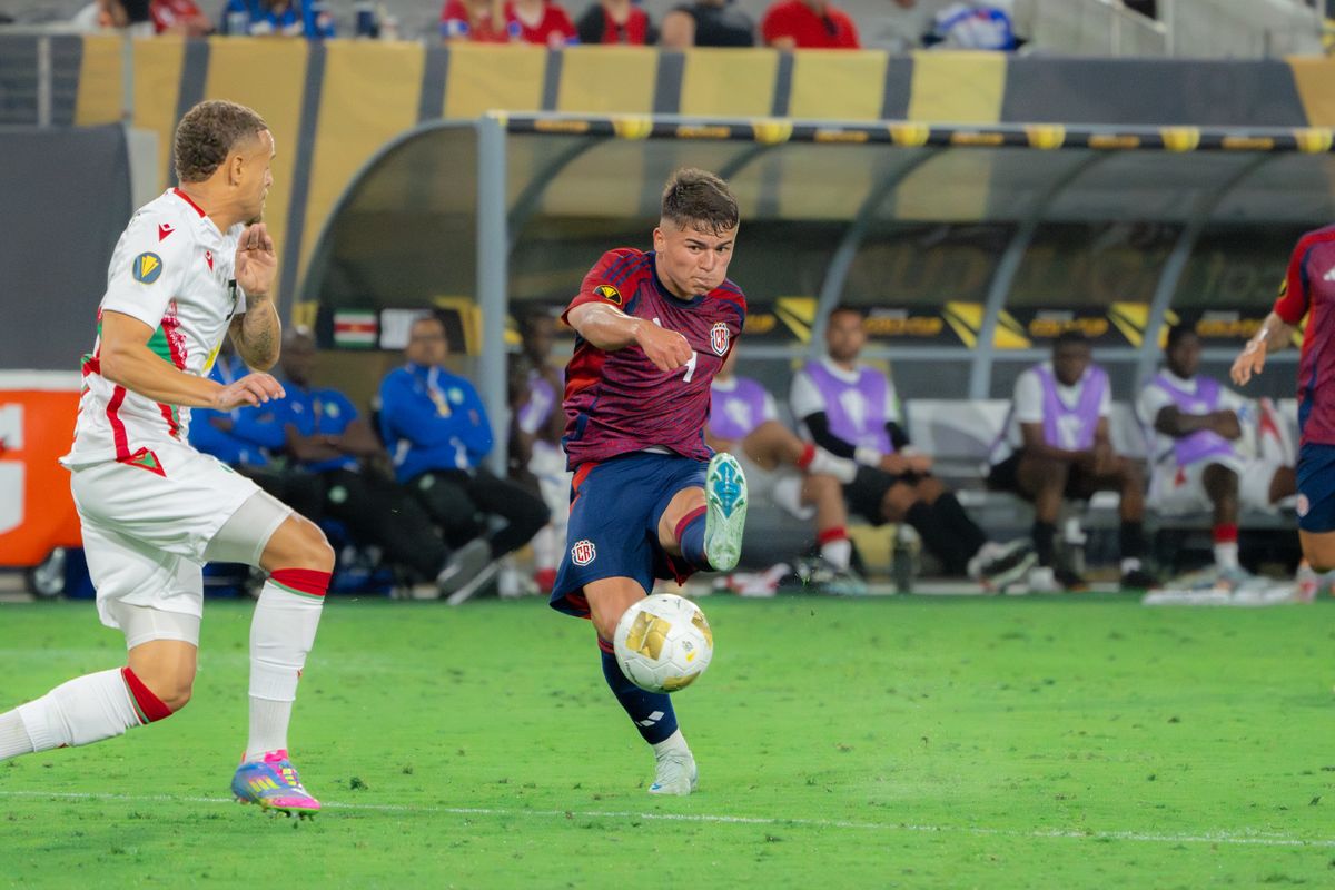 Costa Rica's Manfred Ugalde #9 making a goal attempt in a Gold Cup Match against Suriname on June 15, 2025 in San Diego, CA.