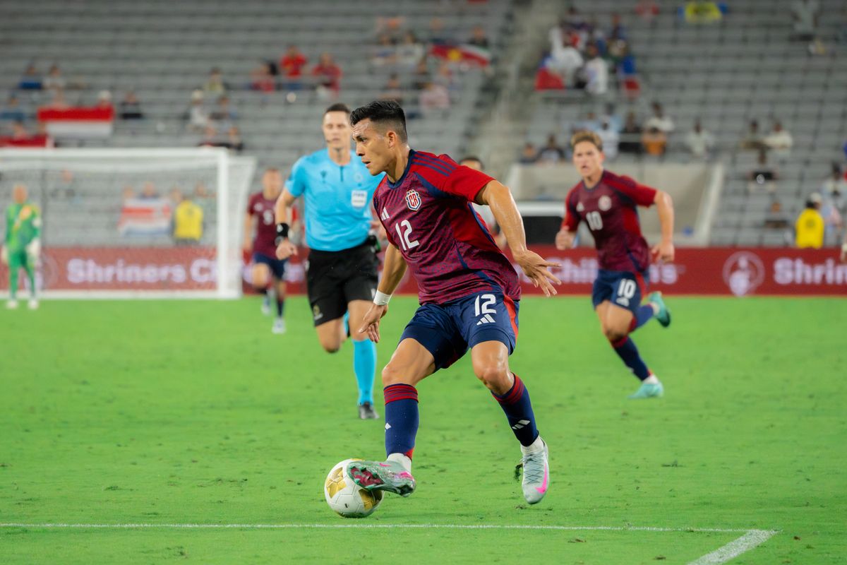 Costa Rica's Forward Alonso Martínez #12 kicking the ball during a Gold Cup Match against Suriname on June 15, 2025 in San Diego, CA.