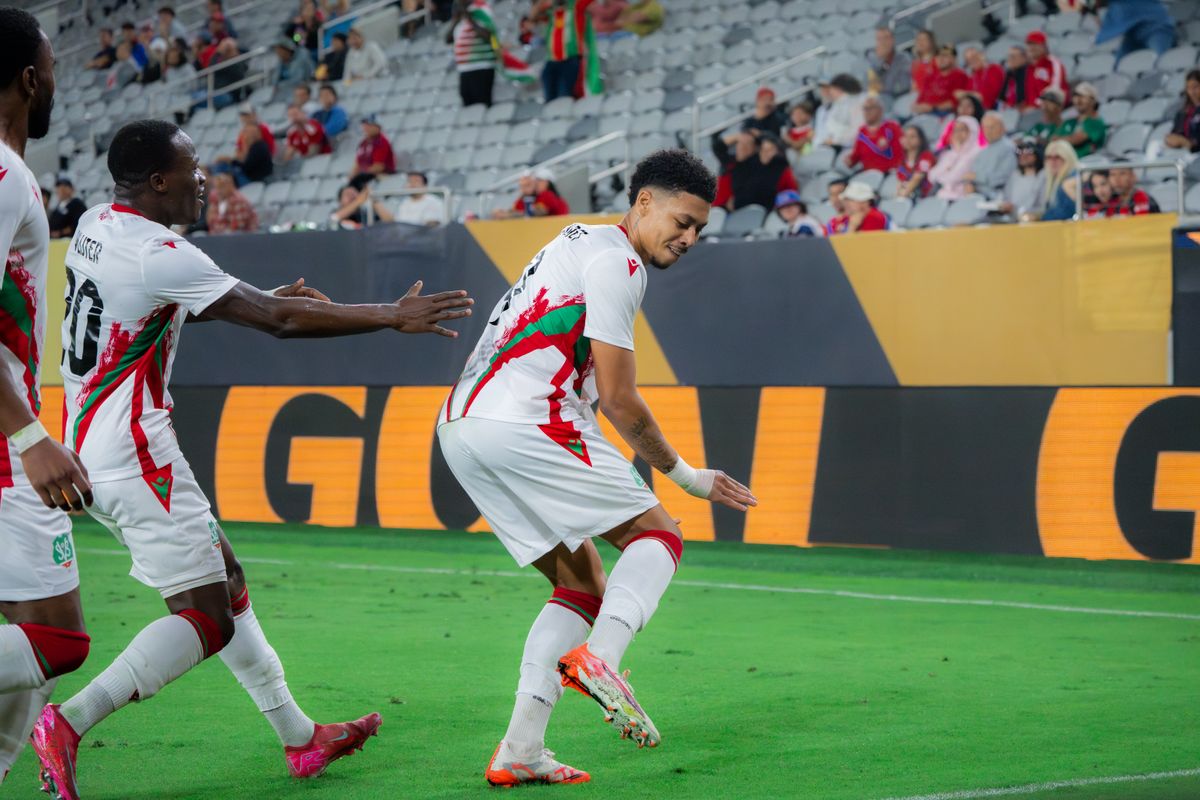 Suriname's Forward Richonell Margaret #19 dancing in celebration after scoring a goal against Puerto Rico during a Gold Cup Match against Puerto Rico on June 15, 2025 in San Diego, CA.