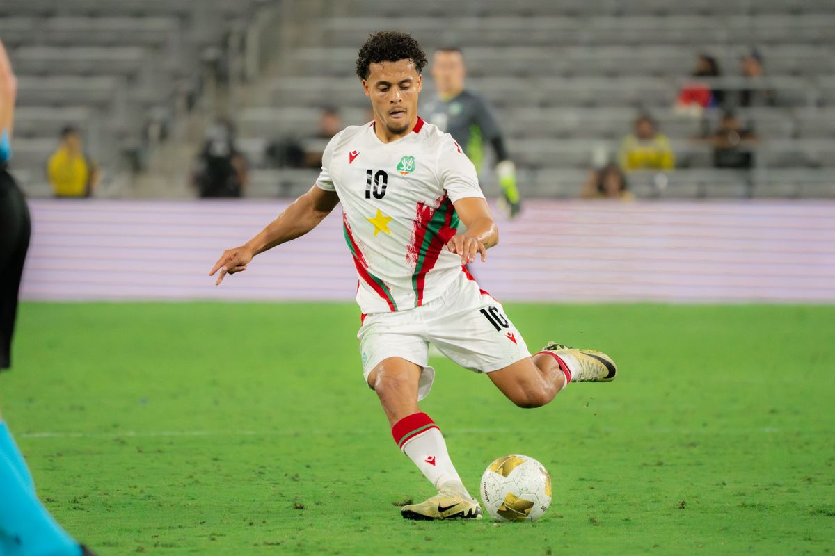 Forward Denzel Jubitana #10 kicking the ball during a Gold Cup Match against Puerto Rico on June 15, 2025 in San Diego, CA.