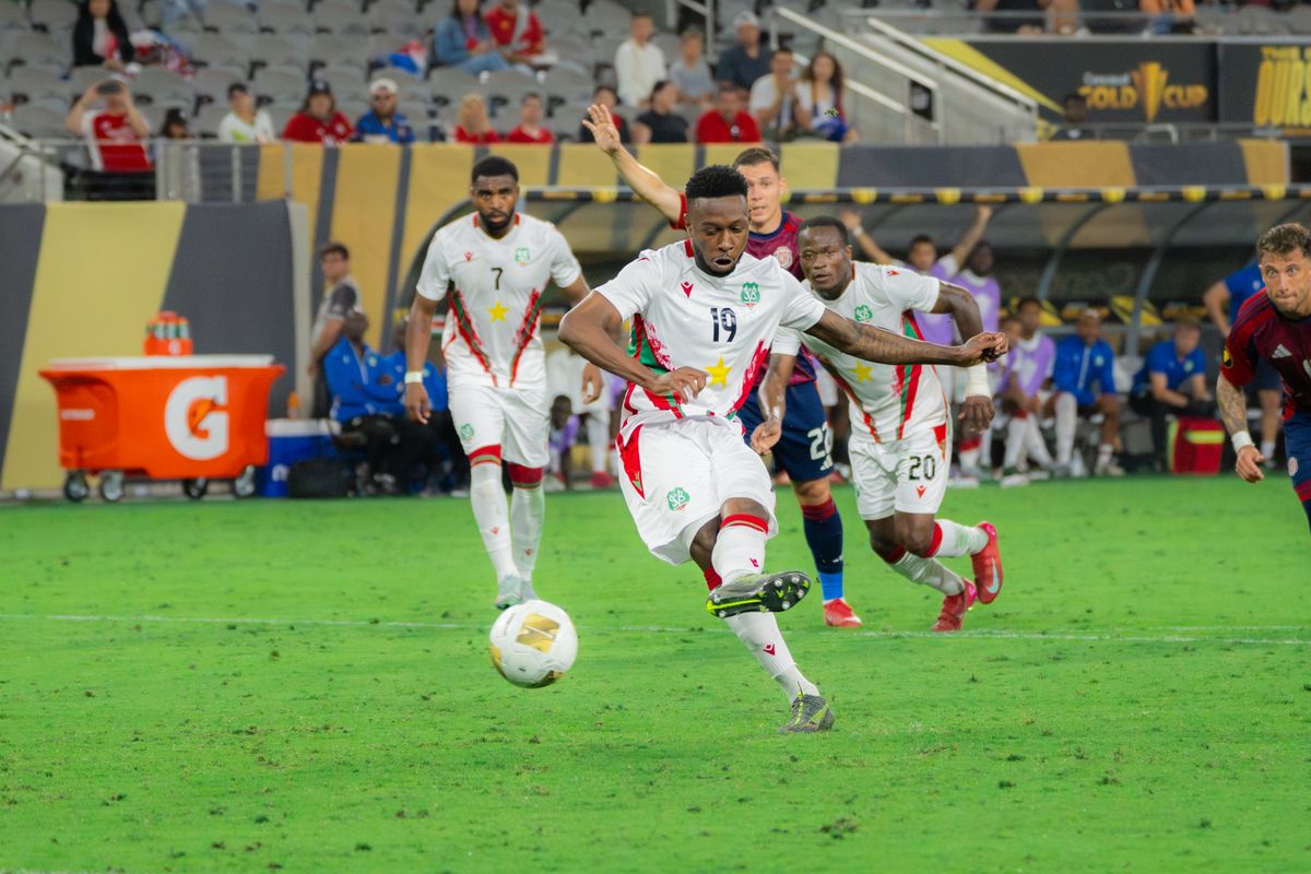 Defender Shaquille Pinas #19 scoring a penalty kick in a Gold Cup Match against Puerto Rico on June 15, 2025 in San Diego, CA.