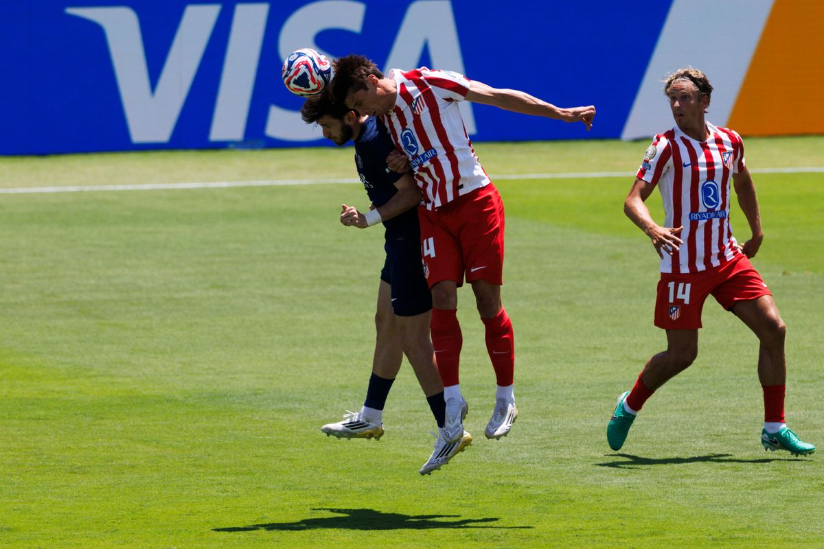 Robin Le Normand #24 heads the ball during the FIFA Club World Cup 2025 group B match between Paris Saint-Germain FC and Club Atletico de Madrid at Rose Bowl Stadium on June 15, 2025 in Pasadena, California. 