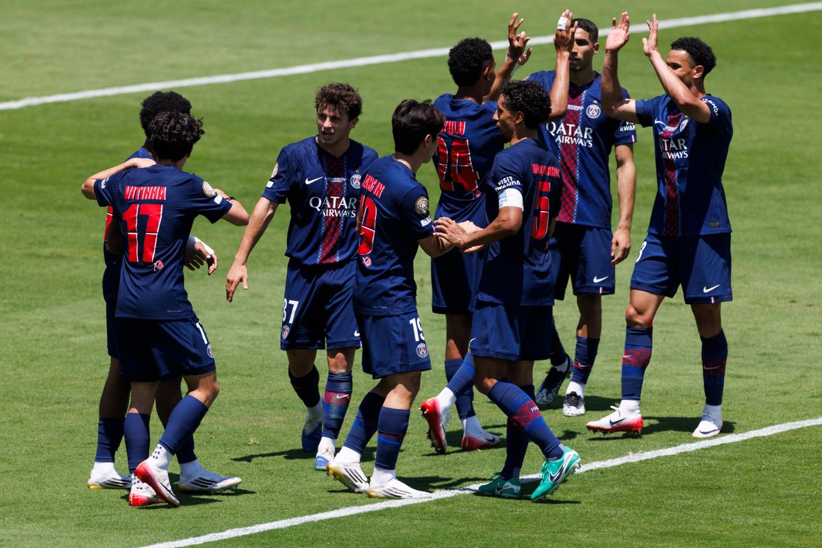 Paris Saint-Germain FC players celebrate during the FIFA Club World Cup 2025 group B match between Paris Saint-Germain FC and Club Atletico de Madrid at Rose Bowl Stadium on June 15, 2025 in Pasadena, California. 