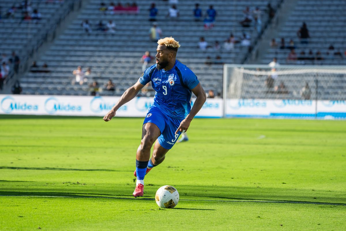 Haiti's Center Back Francois Dulysse #3 looking for an opening to score during a Gold Cup Match vs Saudi Arabia on June 15, 2025 in San Diego, CA.