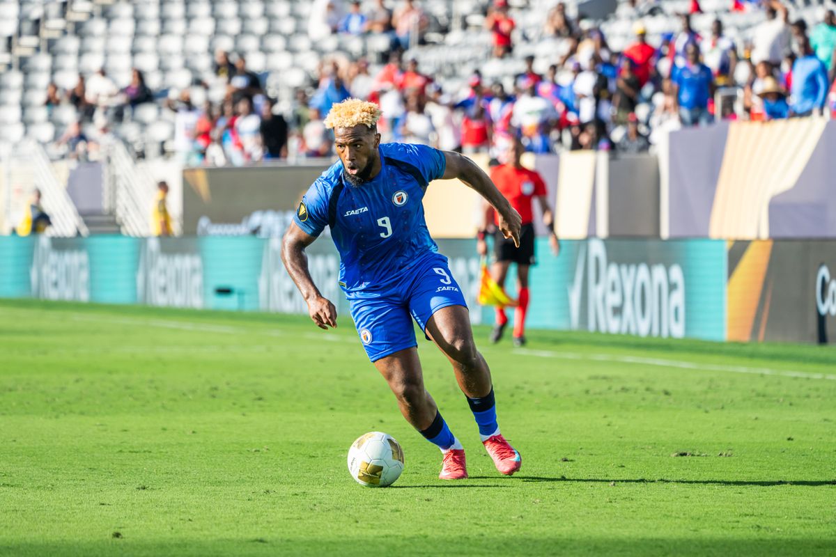 Haiti's Center Back Francois Dulysse #3 running the ball during a Gold Cup Match against Saudi Arabia on June 15, 2025 in San Diego, CA.