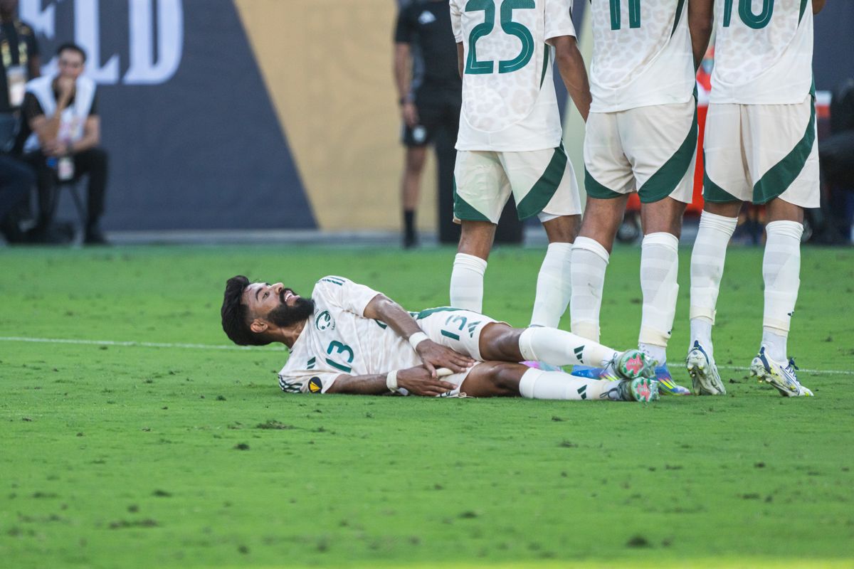 Saudi Arabia's Right-Back Nawaf Al-Boushal #13 preparing for a penalty kick during a Gold Cup match against Haiti on June 15, 2025 in San Diego, CA.