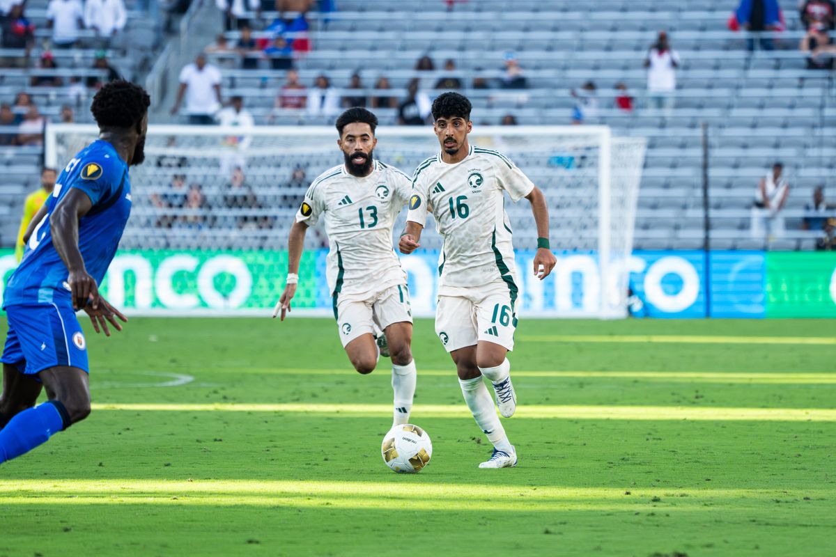 Saudi Arabia's Midfielder Ziyad Al-Johani #16 moving the ball downfield during a Gold Cup Match vs Haiti on June 15, 2025 in San Diego, CA.