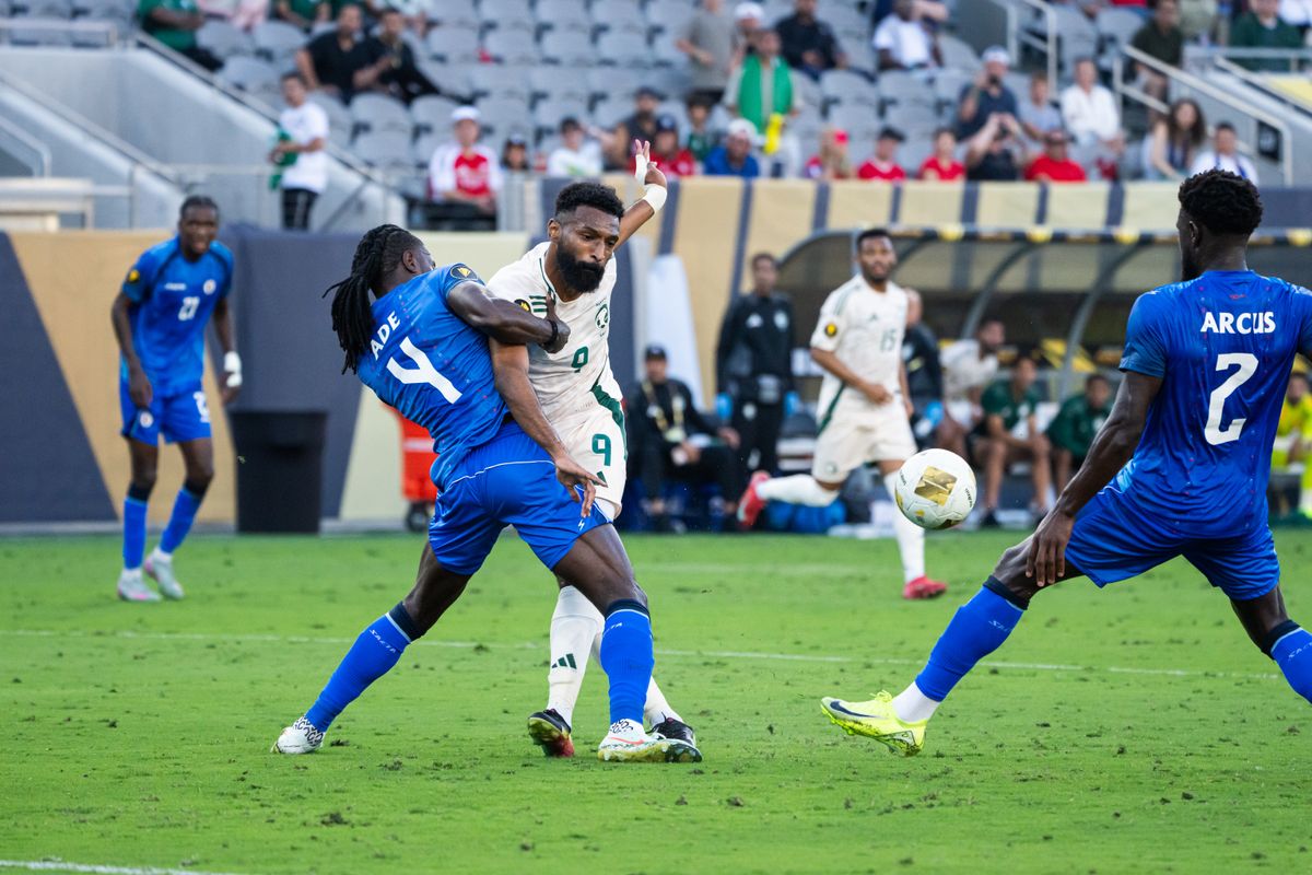 Haiti's Center Back Ricardo Ade holding back Saudi Arabia's offense during a Gold Cup Match on June 15, 2025 in San Diego, CA.